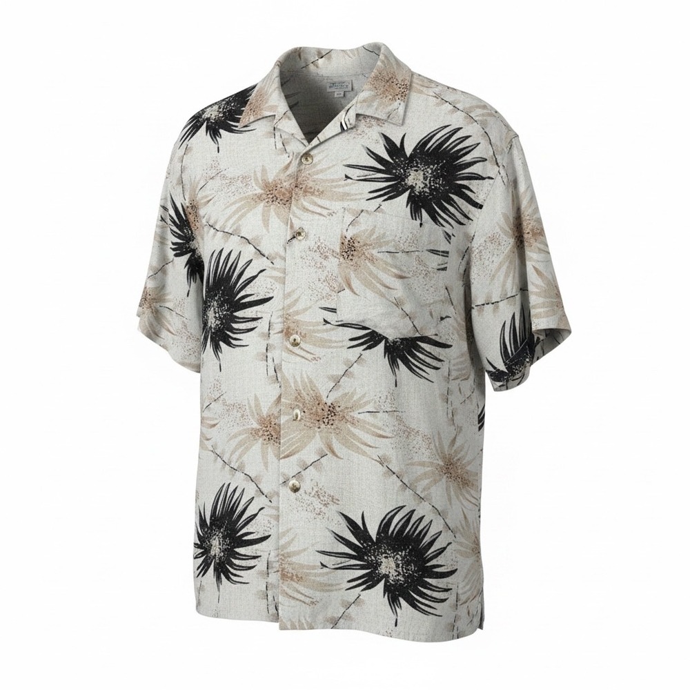 Utopia Mens XL Washable Silk Button Down Shirt Abstract Floral Print Cream Tan